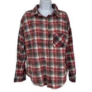 Brandy Melville Red & Green Plaid Button-Up Flannel Shirt One Size